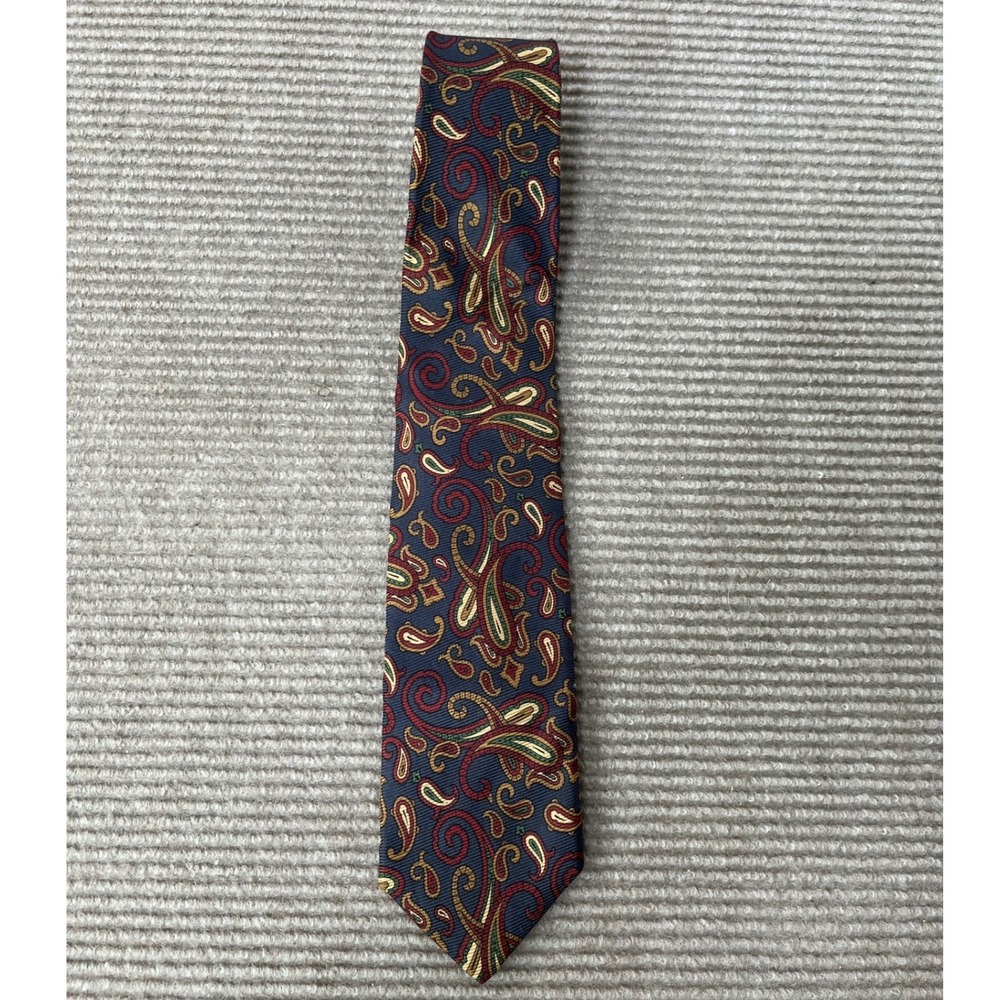 Lands End Mens Navy Blue Burgundy Paisley‎ Silk Tie Hand Sewn Long USA Made